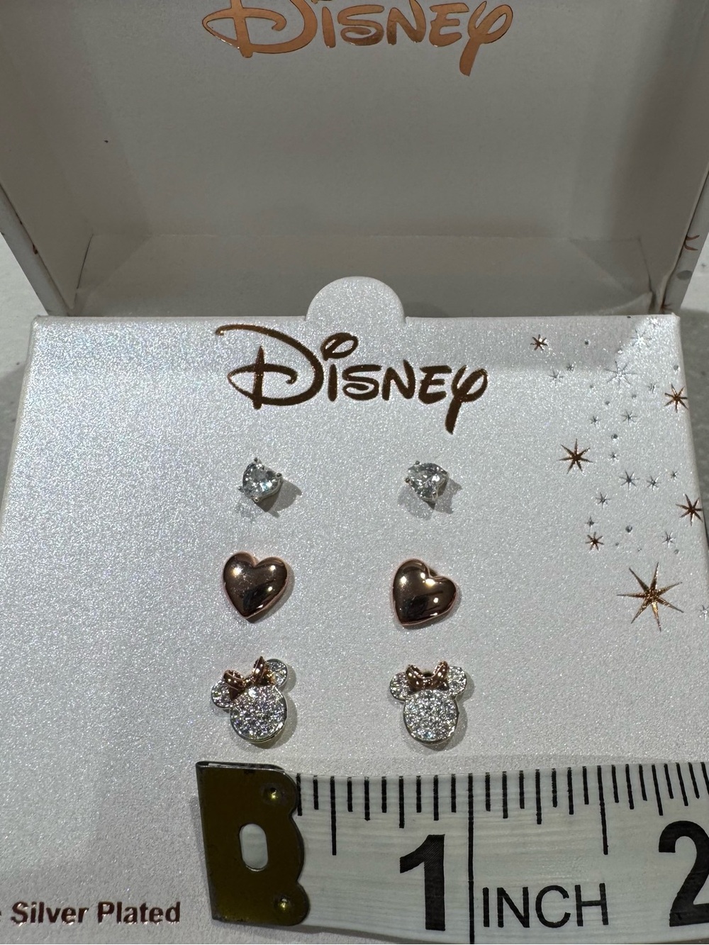 Disney Minnie Mouse Pierced Crystal Hearts Silver Rose Gold Stud Earring Set - Picture 7 of 7